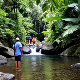 Caribbean Holidays, Cheap August Holidays, Visitors walking through Dominica rainforest beside a clear river and a small waterfall