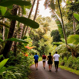 Caribbean Holidays, Cheap August Holidays, Visitors walking through lush tropical rainforest on Mount Pel&eacute;e in Martinique under soft August sunlight