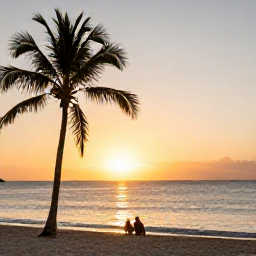 Caribbean Holidays, Cheap Bahamas December, Golden sunset over a calm Bahamian beach with palm trees, gentle waves and a couple enjoying the view