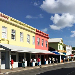 Caribbean Holidays, Cheap Bahamas February, Colourful Nassau street scene with pastel buildings, local shops and visitors exploring downtown on a sunny February day