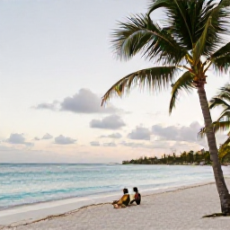 Caribbean Holidays, Cheap Bahamas February, Relaxed white-sand beach on Paradise Island with palm trees, calm turquoise water and a couple enjoying a February afternoon