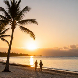 Caribbean Holidays, Cheap Bahamas February, Warm February sunset over a calm Bahamian beach with palm trees and a couple strolling beside the sea