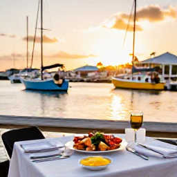 Caribbean Holidays, Cheap Bahamas Holidays, A Bahamian seafood dinner beside a marina at sunset, with colourful boats, warm light and a relaxed holiday setting
