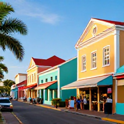 Caribbean Holidays, Cheap Bahamas Holidays, A colourful street in Nassau, The Bahamas, with pastel buildings, local shops and visitors exploring in warm October sunshine