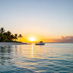 Caribbean Holidays, Cheap Bahamas Holidays, A peaceful Bahamian sunset over calm turquoise water, with a small boat and palm-lined shore