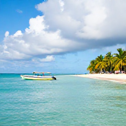 Caribbean Holidays, Cheap Bahamas Holidays, A relaxed Bahamian island scene with a small boat, calm turquoise sea and palm-fringed beach under a partly cloudy sky