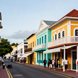 Caribbean Holidays, Cheap Bahamas Holidays, Colourful streets and colonial buildings in Nassau, Bahamas, with local shops and visitors exploring in warm daylight