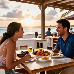 Caribbean Holidays, Cheap Bahamas Holidays, Friendly outdoor Bahamian restaurant at sunset, serving fresh seafood and island dishes to relaxed holidaymakers