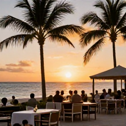 Caribbean Holidays, Cheap Bahamas Holidays, Golden sunset beside a relaxed beachfront restaurant in The Bahamas, with palm trees and guests enjoying dinner