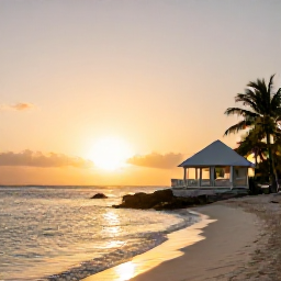Caribbean Holidays, Cheap Bahamas Holidays, Golden sunset over a calm Bahamian beach with a small comfortable hotel in the background