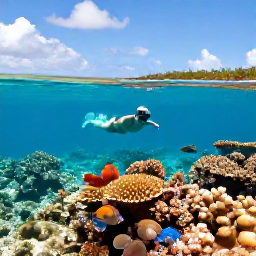 Caribbean Holidays, Cheap Bahamas Holidays, Traveller snorkelling above a colourful coral reef near The Bahamas, with tropical fish, clear shallow water and a bright September sky