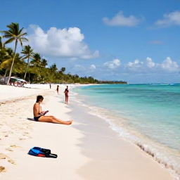 Caribbean Holidays, Cheap Bahamas Holidays, Travellers relaxing on a beautiful Bahamian beach with snorkelling gear, palm trees and calm shallow water
