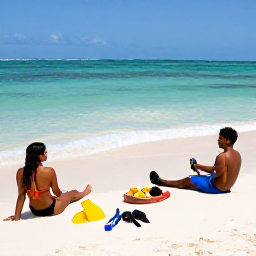 Caribbean Holidays, Cheap Bahamas Holidays, Travellers relaxing on a beautiful Bahamian beach with snorkelling gear, picnic food and clear shallow water