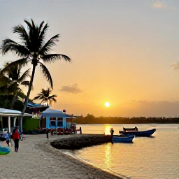 Caribbean Holidays, Cheap Bahamas July, Colourful Nassau waterfront at sunset with palm trees, small boats and visitors enjoying a relaxed evening in The Bahamas