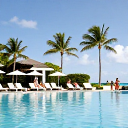 Caribbean Holidays, Cheap Bahamas July, Travellers relaxing beside a calm swimming pool at a budget-friendly Bahamas hotel, with palm trees and bright summer sunshine