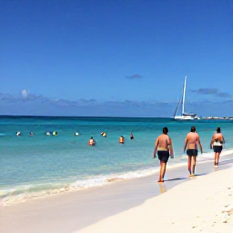 Caribbean Holidays, Cheap Bahamas July, Visitors swimming in clear shallow sea and walking along a sandy beach near Nassau, The Bahamas, on a sunny July day