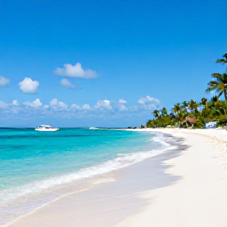 Caribbean Holidays, Cheap Bahamas March, Clear turquoise sea and white sandy beach on Paradise Island near Nassau, with palm trees and a small boat offshore