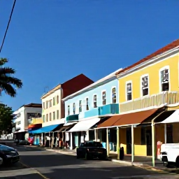 Caribbean Holidays, Cheap Bahamas March, Colourful Nassau street with pastel buildings, local shops and visitors exploring downtown in warm March sunshine
