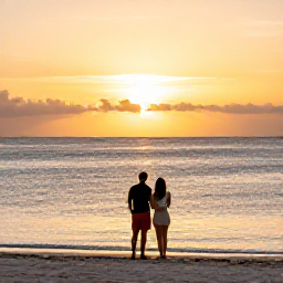 Caribbean Holidays, Cheap Bahamas March, Couple watching a golden sunset over the calm Bahamian sea from a quiet beach in March
