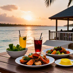 Caribbean Holidays, Cheap Bahamas November, Relaxed Bahamian waterfront restaurant at sunset with fresh seafood and colourful local dishes