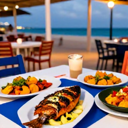 Caribbean Holidays, Cheap Barbados February, Barbados evening food scene with grilled fish, colourful local dishes and relaxed outdoor dining near the sea