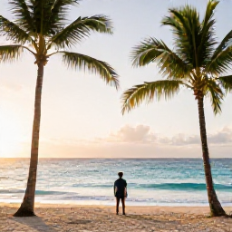 Caribbean Holidays, Cheap Barbados February, Traveller enjoying a quiet Barbados beach at sunrise, with palm trees, clear sea and soft morning light