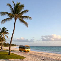 Caribbean Holidays, Cheap Barbados Holidays, Barbados coastline at golden hour with a local bus travelling past palm trees and a beautiful sandy beach