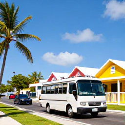 Caribbean Holidays, Cheap Barbados Holidays, Open-top local bus travelling along a sunny Barbados coastal road past palms and bright Caribbean houses