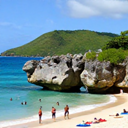 Caribbean Holidays, Cheap Barbados Holidays, Visitors swimming and relaxing on Bathsheba beach with dramatic rock formations, sea views and green Barbados hills