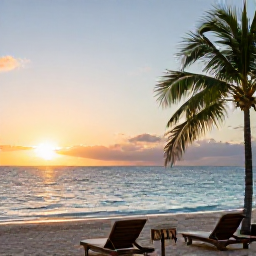 Caribbean Holidays, Cheap Barbados July, Barbados west coast beach at sunset with calm blue water, sun loungers and palm trees