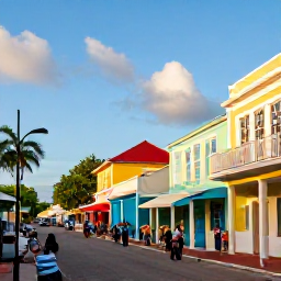 Caribbean Holidays, Cheap Barbados June, Colourful Bridgetown street in Barbados with historic buildings, local shops and people exploring in warm afternoon sunshine