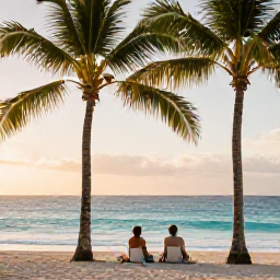 Caribbean Holidays, Cheap Barbados June, Couple relaxing on a quiet Barbados beach in June beneath palm trees, with turquoise water and warm evening light