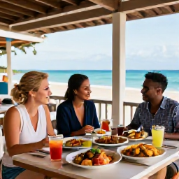 Caribbean Holidays, Cheap Barbados June, Relaxed Barbados beachfront restaurant with colourful local food, tropical drinks and diners enjoying an early evening meal