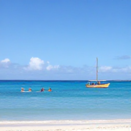 Caribbean Holidays, Cheap Barbados March, Bright Barbados coastline with calm blue sea, snorkellers, paddleboarders and a traditional colourful fishing boat near the shore