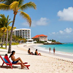 Caribbean Holidays, Cheap Barbados March, Budget-friendly Barbados holiday scene with a comfortable hotel near a sandy beach, travellers enjoying the sunshine and palm-lined surroundings