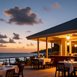 Caribbean Holidays, Cheap Barbados March, Relaxed evening in Barbados with outdoor dining, local Caribbean food, gentle sunset light and warmly lit restaurants near the sea
