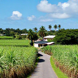 Caribbean Holidays, Cheap Barbados May, Barbados countryside in May with sugar cane fields, a small village road and lush green tropical scenery under a blue sky