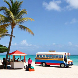 Caribbean Holidays, Cheap Barbados November, Barbados beach with colourful local bus, palm trees, small food stalls and travellers enjoying an affordable Caribbean day out