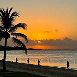 Caribbean Holidays, Cheap Barbados November, Golden sunset over Carlisle Bay in Barbados with calm sea, silhouettes of palm trees and people walking along the beach