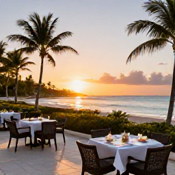 Caribbean Holidays, Cheap Barbados November, Relaxed Barbados resort terrace overlooking a tropical beach at sunset, with outdoor tables and warm evening light
