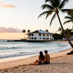 Caribbean Holidays, Cheap Beach Holidays, A couple relaxing on a Caribbean beach at sunset with gentle waves, palm trees and a modest beachfront hotel in the background