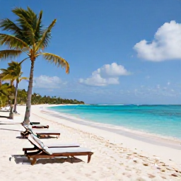 Caribbean Holidays, Cheap Beach Holidays, A relaxed Caribbean beach with turquoise water, soft white sand, palm trees and a few affordable sun loungers