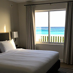 Caribbean Holidays, Cheap Bermuda December, A comfortable Bermuda hotel room with simple furnishings, sunlight through the window and a view towards the sea