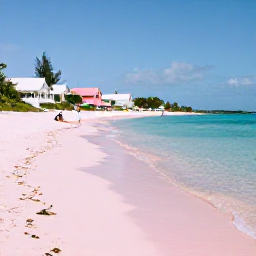 Caribbean Holidays, Cheap Bermuda February, A sunny pink-sand beach in Bermuda in February, with calm turquoise water, pastel cottages and a relaxed traveller enjoying the shoreline