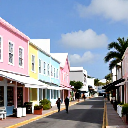 Caribbean Holidays, Cheap Bermuda February, Colourful Hamilton street in Bermuda with pastel buildings, local shops, caf&eacute;s and visitors exploring on a bright February day
