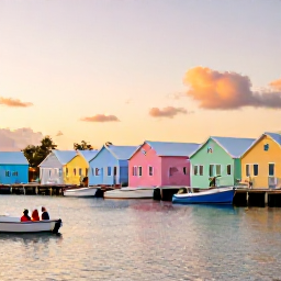 Caribbean Holidays, Cheap Bermuda February, Relaxed Bermuda harbour at sunset with pastel houses, boats and a couple enjoying a peaceful February holiday