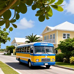 Caribbean Holidays, Cheap Bermuda Holidays, A colourful Bermuda bus travelling through a leafy road near the coast, with island scenery and pastel buildings