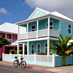 Caribbean Holidays, Cheap Bermuda Holidays, A welcoming Bermuda guesthouse street with pastel cottages, tropical plants and bicycles outside