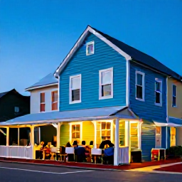 Caribbean Holidays, Cheap Bermuda Holidays, An atmospheric evening in Hamilton, Bermuda, with a casual local restaurant, colourful buildings and diners outdoors