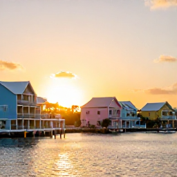 Caribbean Holidays, Cheap Bermuda Holidays, Golden sunset over Bermuda harbour with pastel buildings, calm water and travellers enjoying an affordable island holiday